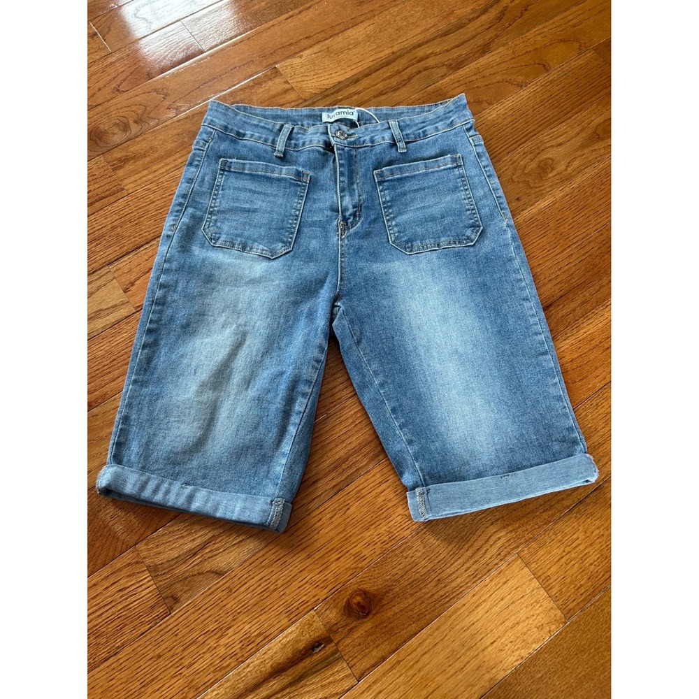 Luvamia Womens High Waisted Denim Bermuda Shorts Blue Cuffed Hem Patch Pockets